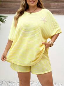 SHEIN CURVE+ 大码休闲宽松海星刺绣条纹上衣和短裤两件套 - 黃色 - 查看 6