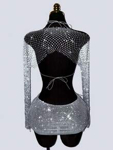 SHEIN DivaQ Bộ đồ dự tiệc 2 mảnh dành cho nữ: áo tay dài và chân váy ngắn phối sequin gợi cảm. - Màu Xám nhạt - Xem 2