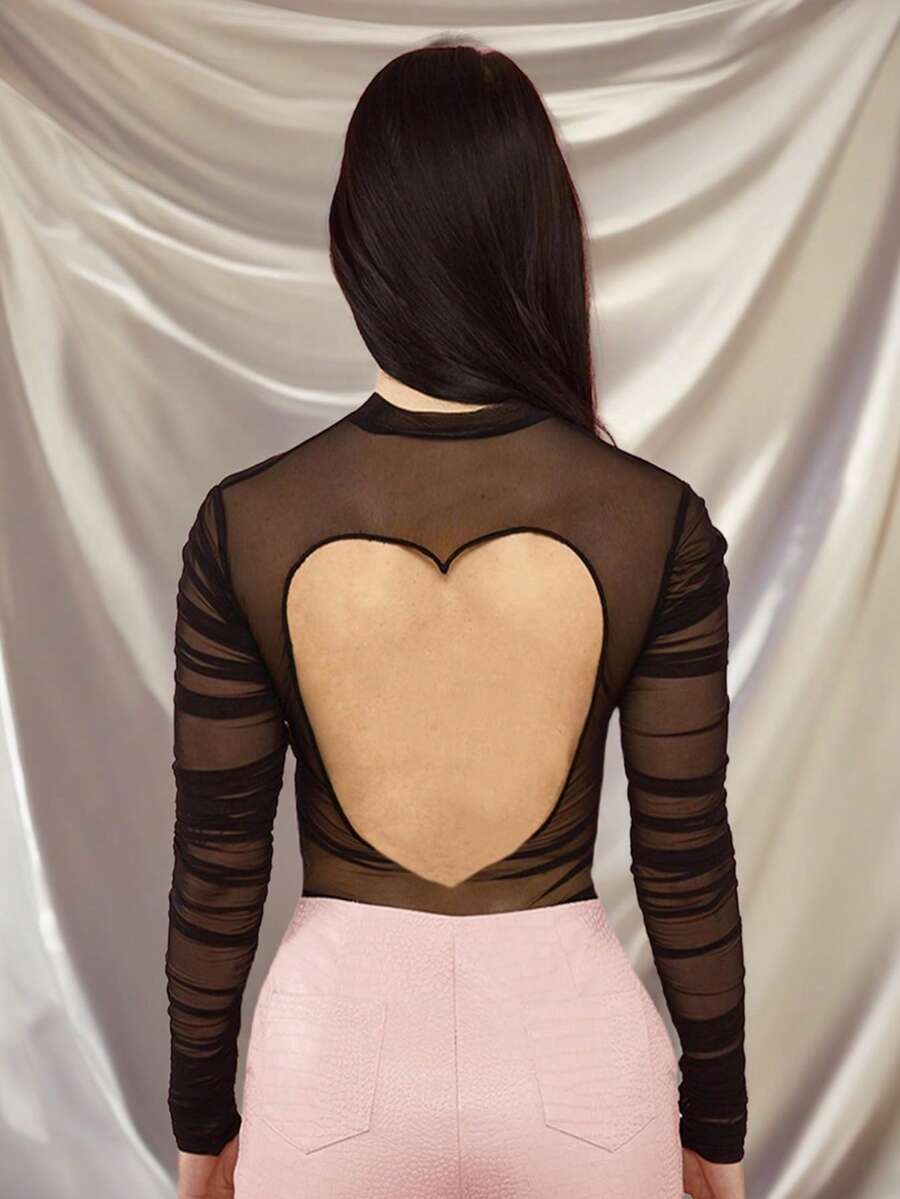 OverBlushhh Women's Black Mesh Ruched Bodycon Top Mock Neck Open Back - Black - View 1