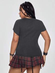 ROMWE Grunge Punk Plus Size Y2K Punk Five-Pointed Star Hollow Design Sexy Fitted Solid Color Versatile T-Shirt - Grey - View 5