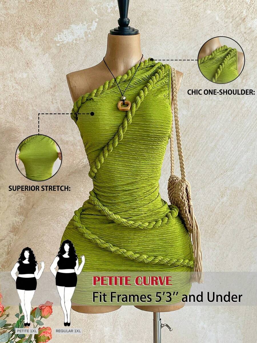 SHEIN PETITE CURVE 大码休闲度假风编织绳装饰无袖迷你连衣裙 - Limelight Green - 查看 1