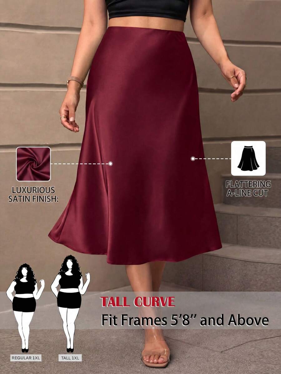 SHEIN Tall CURVE 酒紅色秋季優雅晚餐大尺碼女款高個子純色高腰長裙,A字版休閒派對婚禮賓客度假 2026 - 酒紅色 - 查看 1
