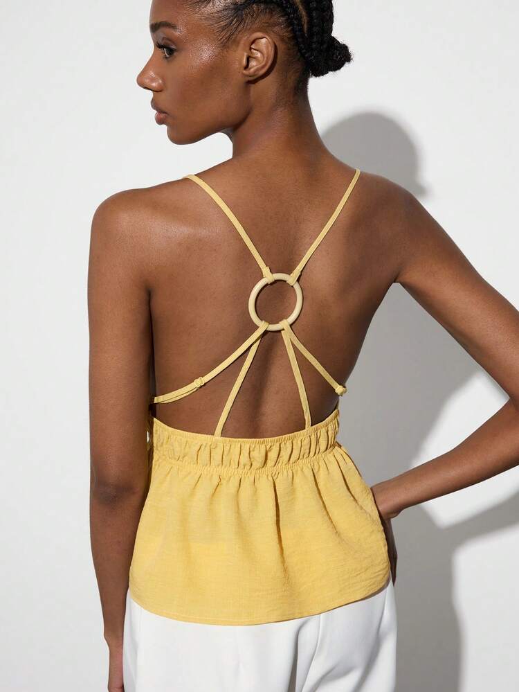 SHEIN Maija Top Casual de Verão Feminina em Cor Sólida com Recortes de Renda e Decote Halter Costas Abertas