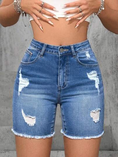 Shorts De Mezclilla Desgastados Para Mujer Con Dobladillo Deshilachado Y Bolsillos, Shorts vaqueros de talla media para mujer, de ajuste slim, hasta la mitad del muslo, de moda para verano, Jeans