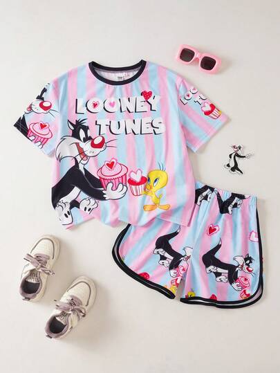 LOONEY TUNES X SHEIN 少女圆领卡通字母印花短袖T恤和短裤休闲日常穿搭