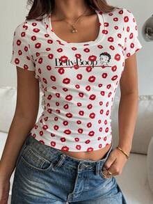 DAZY Women's Casual Lip & Letter Print T-Shirt, Versatile For Daily Wear - Red - View 5