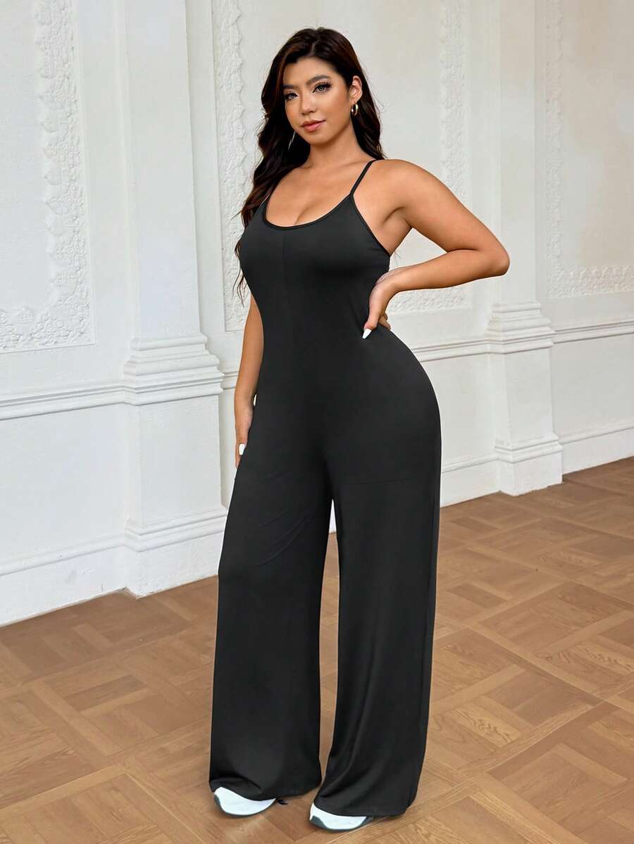 SHEIN Sports Plus Size Women Casual Sleeveless Jumpsuit None, Gym Black Summer - Black - View 1