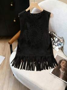 Franclia Casual Elegant Boho Americana Vacation Hollow-Out Embroidered Suede Fringe Sleeveless Jacket Vest For Plus Size Women - Black - View 2