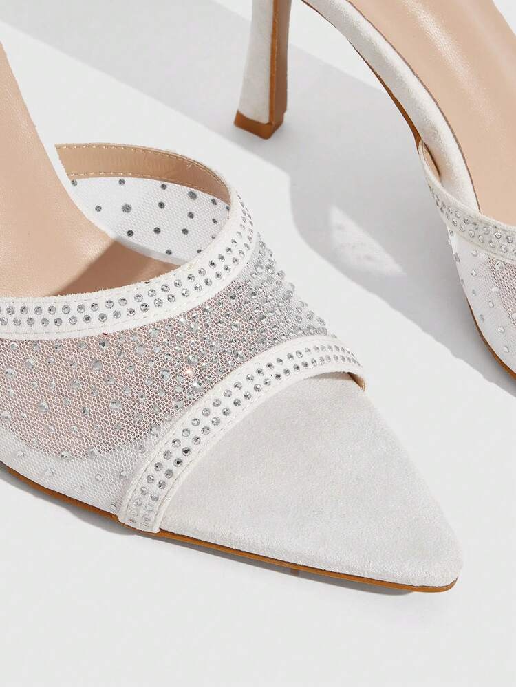 CUCCOO SZL Women's Fashion Pointed Suede Mesh Splicing Rhinestones Decorative Party/Work High Heels Sandals, Halter Elegant Stilettos