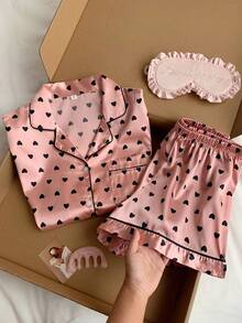 Comfortcana Women Pajama Sets Kantong Contrast Binding Tombol Depan Hati All Over Print Sederhana - Dusty Pink - View 1