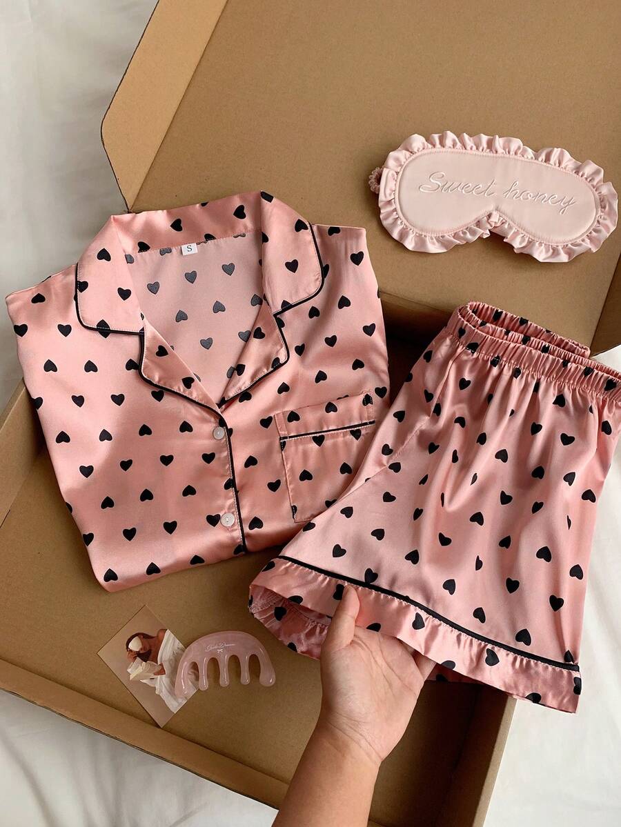 Comfortcana Women Pajama Sets Kantong Contrast Binding Tombol Depan Hati All Over Print Sederhana - Dusty Pink - View 1