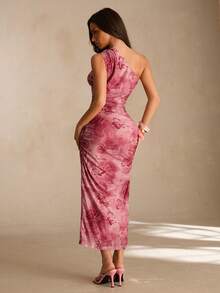 Glamine 女士假日印花单肩褶皱开衩连衣裙长款女装 - 彩色 - 查看 2