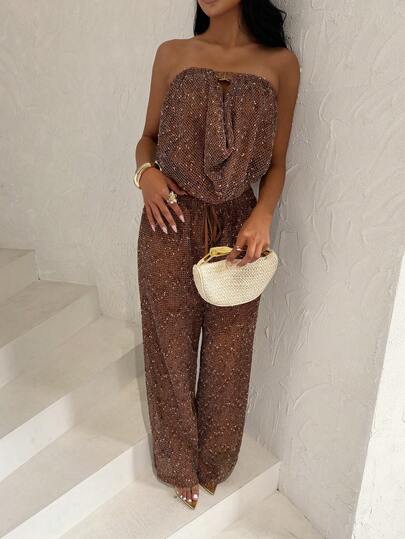 Bonvoyette European And American Nightclub Party Niche High-End Sheer Mesh Sequin Women Loose Wide Leg Pants