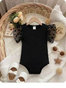 SHEIN Đứa bé gái Lưới Dobby tương phản áo tay bướm Đồ đan Ribbed Áo liền quần chặt - màu đen - Xem 1