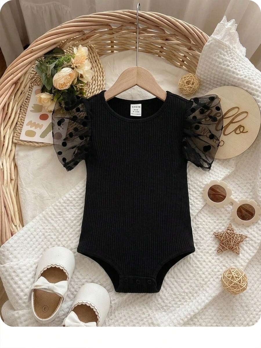 SHEIN Đứa bé gái Lưới Dobby tương phản áo tay bướm Đồ đan Ribbed Áo liền quần chặt - màu đen - Xem 1