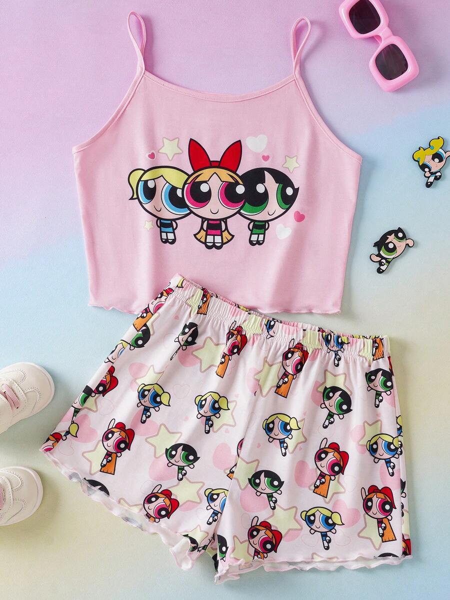 THE POWERPUFF GIRLS X SHEIN Conjunto de pijama con top de tirantes y pantalones cortos con estampado de dibujos animados para niñas preadolescentes - Rosa - Ver 1
