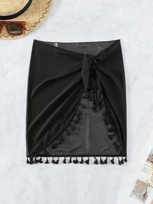 SHEIN Swim Summer Beach Women's Mesh Sheer Cover Up Skirt With Tassel Hem - Black - View 6