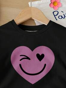 2pcs/Set Baby Girl Casual Loose Heart & Face Graffiti Print Round Neck Short Sleeve T-Shirt And Bike Shorts, Suitable For Spring/Summer Daily Wear, Outings, Holidays - Multicolor - View 4