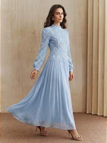 Anewsta Elegant Spring/Summer Long Sleeve Pink Chiffon Dress With Sequin Embroidery And Graceful Pleats For Women - Blue - View 3