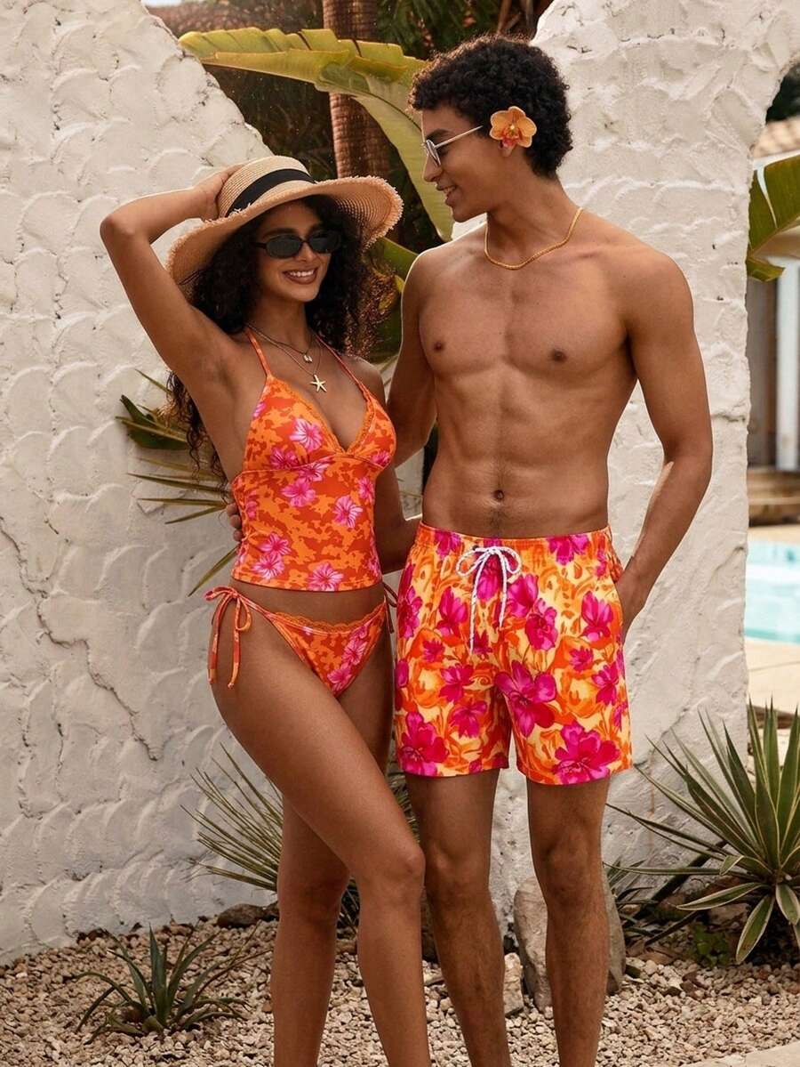 Azuldrift Men's Orange Floral Summer Boho Beach Holiday Holiday Print Drawstring Swim Trunks,Hawaiian Couples Matching Swimwear All Over Print Beachwear - Multicolor - View 1