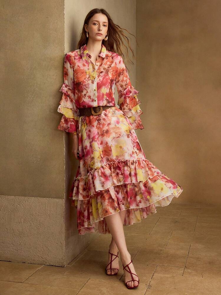 WOMEN'S FLORAL PRINT RUFFLE HEM ROMANTIC ELEGANT LONG SLEEVE BLOUSE, SPRING/SUMMER