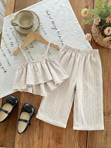 SHEIN LMoss Kids 2件套女婴纯色梭织吊带背心和裤子套装 - 卡其色 - 查看 2