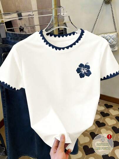 SHEIN 女童夏季复古热带花卉撞色条纹印花休闲圆领短袖T恤