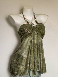 Attitoon Top de muñeca con tirantes halter y lazos con estampado de plantas y cuentas - Verde - Ver 7