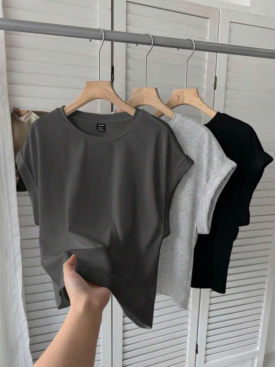 SHEIN LUNE 3件套女士休闲纯色基础款短袖T恤可爱上衣基础款上衣外出机场女装街头风外出上衣夏季女装3件套女士露脐上衣女士T恤女士外出上衣女士节日上衣奶油黄外出上衣女士纯色上衣纯色上衣休闲 - 灰色 - 查看 1