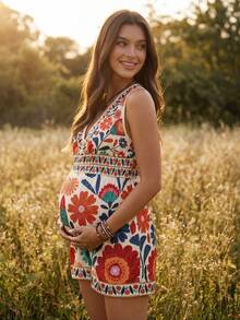 SHEIN Pregnant Women's Summer Vacation Casual Floral Print Sleeveless Romper Boho Jumpsuit For Women Boho Romper For Women Floral Print Romper Summer Romper For Women Resort Romper For Women - Multicolor - View 2