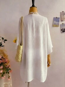 Swim Lushoire Áo khoác kimono nữ chất liệu vải dệt họa tiết, cài cúc phía trước và giữa, thiết kế ren tương phản, mẫu mới 26SS, kiểu dáng tối giản thanh lịch, thích hợp cho đi biển, dự tiệc, kỳ nghỉ. - trắng - Xem 3