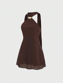 Sweetra Spring/Summer Sleeveless Elegant Polka Dot A-Line Mini Dress With Neck Tie Metal Buckle Decor, Retro Romantic Commuting Outfit For Women, Coffee Color - Brown - View 3