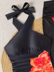Swim Oasis 女士印花露背吊带裙泳衣 - 黑色 - 查看 5