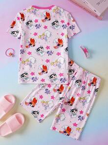 THE POWERPUFF GIRLS X SHEIN 少女卡通印花短袖上衣和短裤修身家居服 - 粉色 - 查看 2
