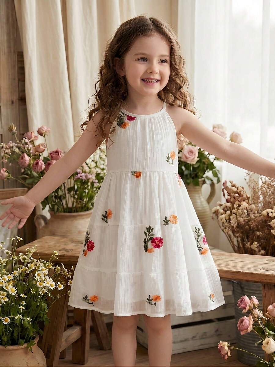 SHEIN Vintaside Kids 少女花卉刺绣极简主义度假连衣裙 - 彩色 - 查看 1