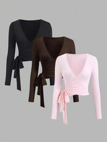 SHEIN Sweetro 新款春夏欧美性感简约休闲运动健身弹力柔软开襟系带V领裹身长袖露脐三件套纯色优雅通勤女式T恤 - 彩色 - 查看 3