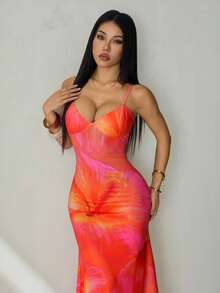 SHEIN PETITE 夏季度假吊带系带紧身性感橙色芙蓉印花连衣裙，适合夏季、度假、海滩、音乐节等场合 - 橘色 - 查看 6