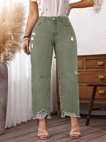 EMERY ROSE Plus Size Women Cowgirl Blue Inelastic Distressed Frayed Hem Loose Cropped Jeans, Rodeo Outfits For Women - Army Green - View 4