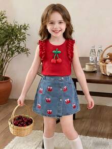 SHEIN Playful Pals 两件套女童优雅休闲圆领荷叶袖无袖樱桃印花上衣+刺绣樱桃牛奶裙，适合日常、通勤、休闲、度假、夏季穿着 - 彩色 - 查看 3
