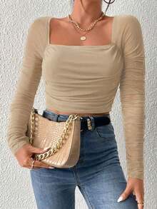 EURMUSE Square Neck Ruched Mesh Sleeve Crop Top - Beige - View 3
