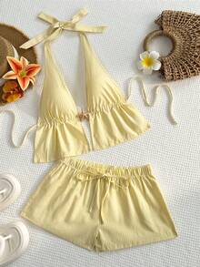 Sunnyshic Bộ đồ thể thao tối giản dành cho nữ mùa xuân/hè, gồm áo khoác cardigan cổ chữ V sâu kẻ sọc xanh trắng bằng vải cotton, áo hai dây buộc sau lưng và quần ống đứng có túi dây rút, thích hợp cho kỳ nghỉ. - Màu vàng - Xem 3
