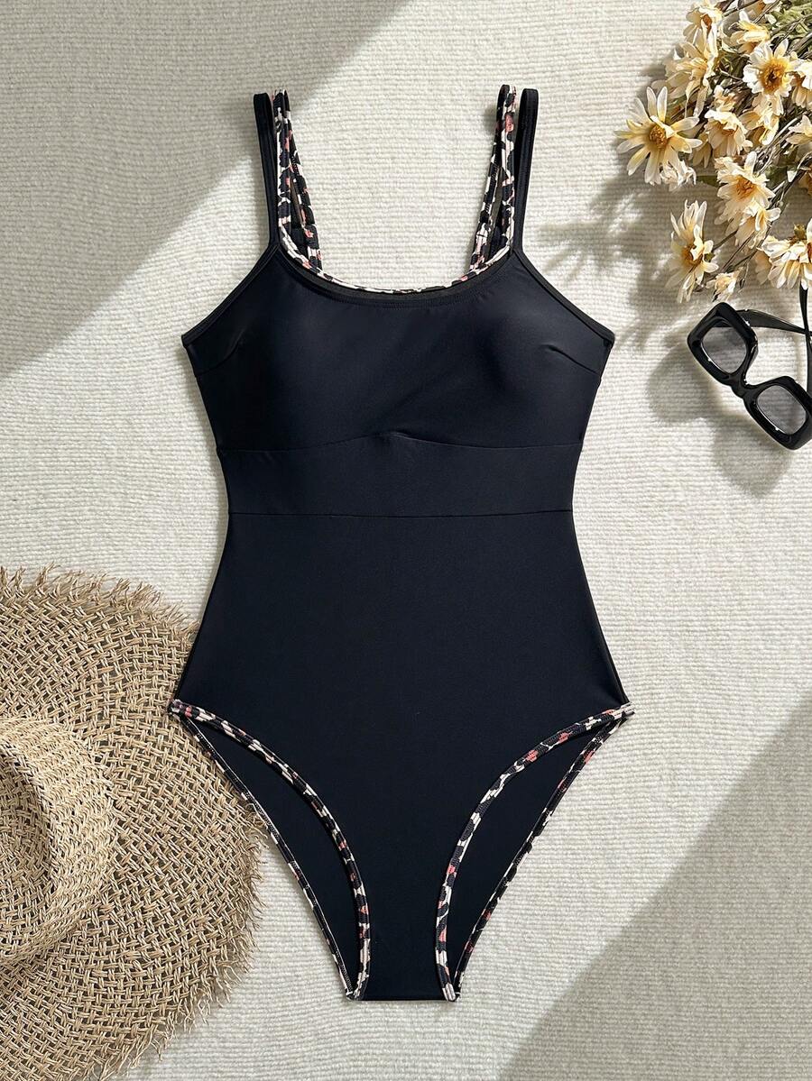 Swim Basics 女士夏季沙滩度假豹纹拼接连体泳衣 - 黑色 - 查看 1