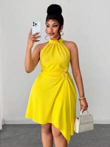 Maweii Spring/Summer Irregular Hem Ruched Waist Elegant Sexy Minimalist Casual Vacation Fashion Unique Design Must-Have Daily Wear High-Quality Plus Size Women Dress, Yellow - Yellow - View 8