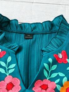 Linhara Plus Size Women V-Neck Floral Embroidery Pattern Casual Versatile Daily Wear Shirt - Teal Blue - View 5