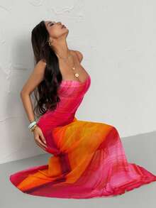 SHEIN PETITE Nouvelle arrivée Style vacances Robe maxi bohème multicolore à dos nu avec imprimé ombré arc-en-ciel romantique en maille - Rouge - Voir 4