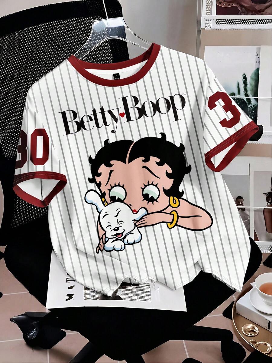 Attitoon Betty Boop x SHEIN Betty联名款休闲简约圆领短袖条纹世界杯图案英文字母宽松T恤，女款，时尚，Y2K风格 - 彩色 - 查看 1