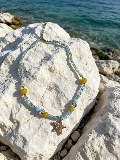 Zazumi 1PC Beach Vacation Orange Starfish Necklace Colorful Beaded Choker Creative Sweet Style Y2K For Summer Holiday Party Gift Boho Accessories