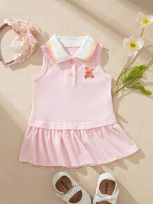 SHEIN 法式风格 0-3 岁女童浅粉色夏季连衣裙，饰有小熊图案，女婴条纹翻领无袖连衣裙，适合上学、玩耍和其他场合 - 粉色 - 查看 4