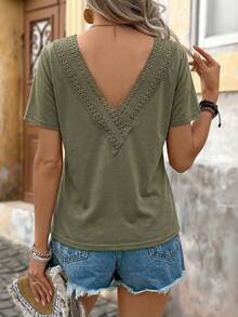 SHEIN VCAY Camiseta de manga corta con empalme de unicolor simple para mujer, verano - Verde militar - Ver 7