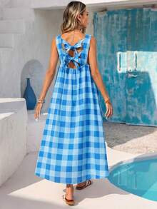 Vivid Eden Spring/Summer Casual Vacation Square Neck Backless Tie Dual-Color Plaid Print A-Line Slip Dress For Women - Blue - View 5